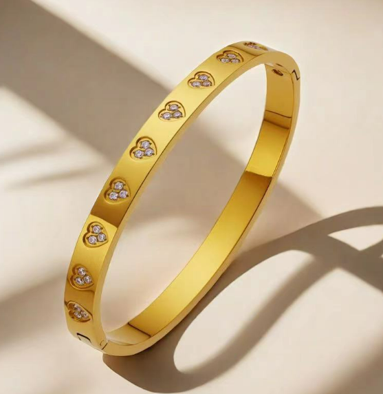 Heart Engraved Titanium Bangle Bracelet – Gold, Rose Gold & Steel