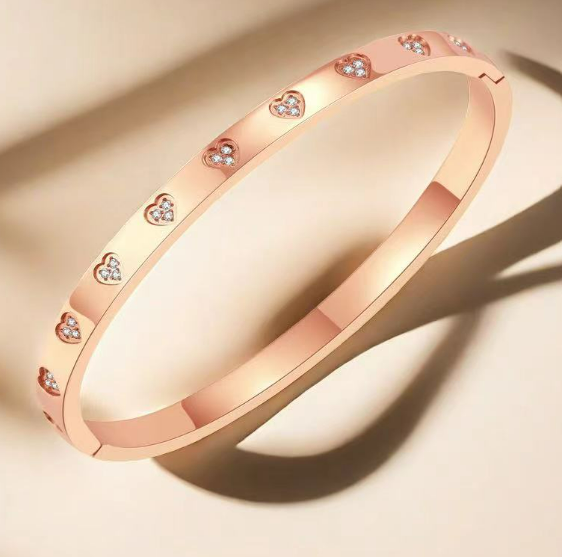 Heart Engraved Titanium Bangle Bracelet – Gold, Rose Gold & Steel