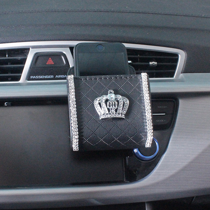 Diamond Crown Car Air Vent Organiser Bag | Leather | Black