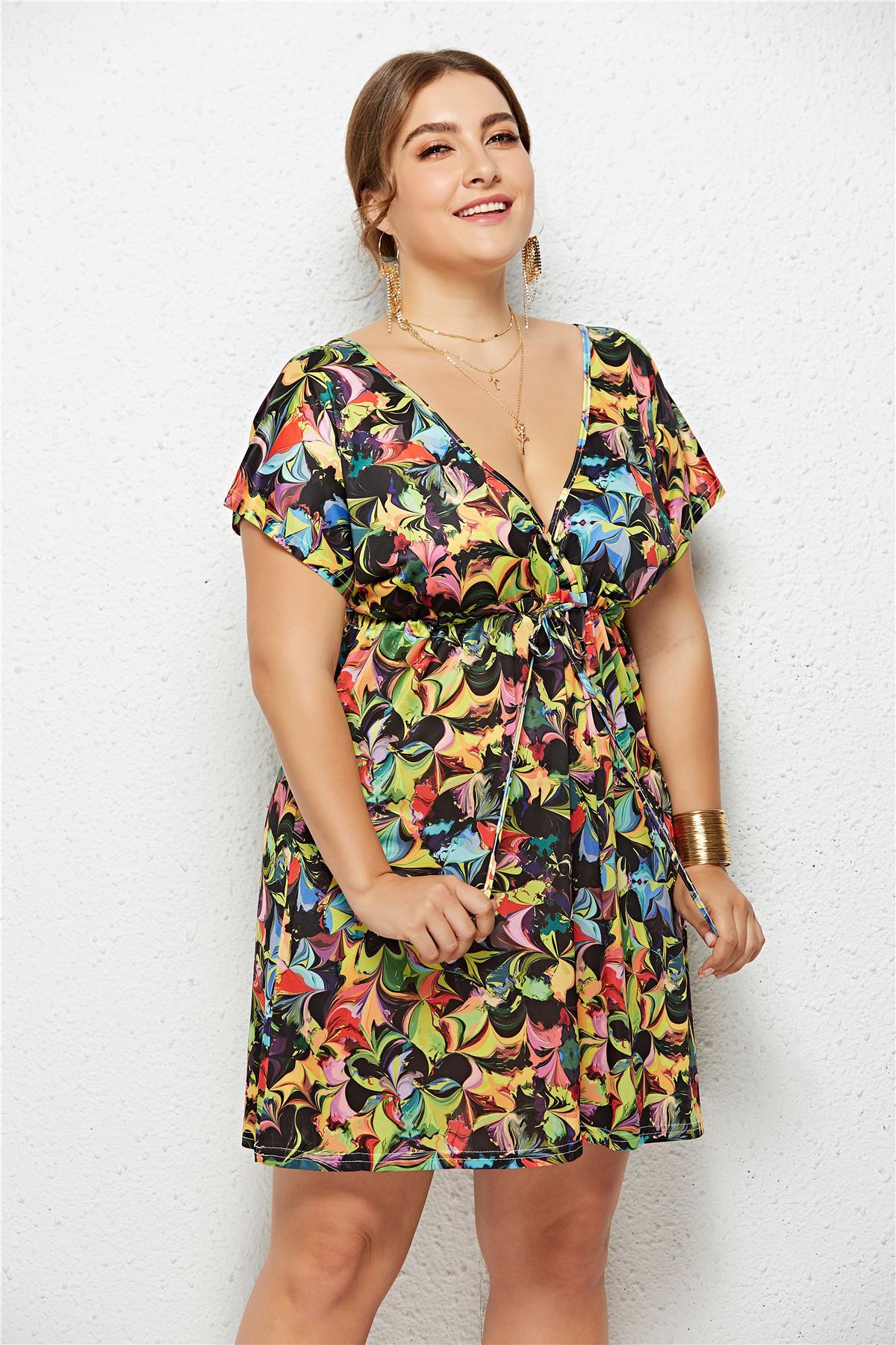 Floral Print V-Neck Dress with Elastic Waist