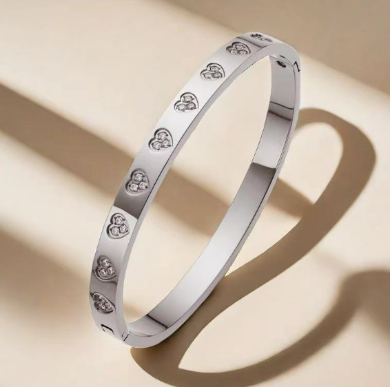 Heart Engraved Titanium Bangle Bracelet – Gold, Rose Gold & Steel