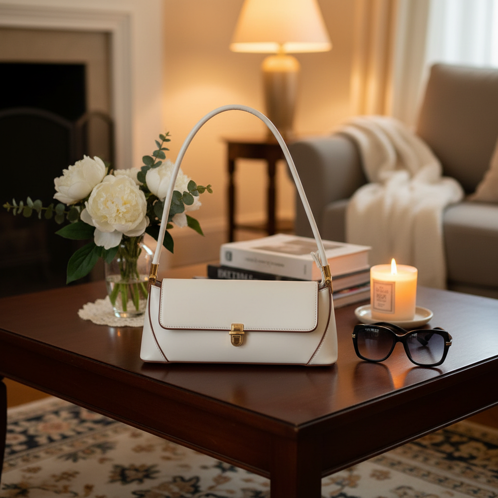 White cowhide underarm bag on coffee table with warm lighting and accessories