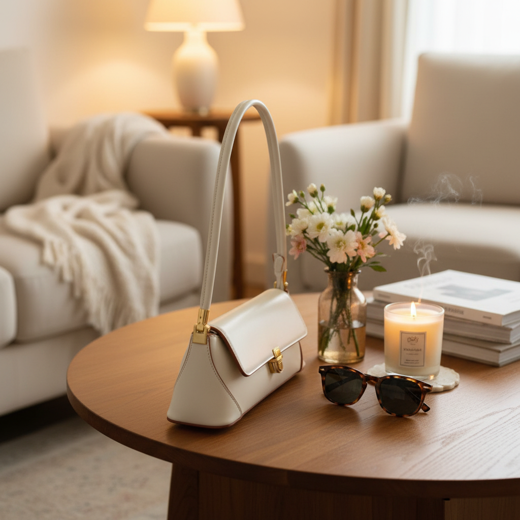 White cowhide underarm bag side angle on coffee table with warm lighting